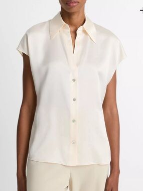 Vince 100% Silk Cream Ivory Cap-Sleeve Ruched-Back V-neck Blouse size medium